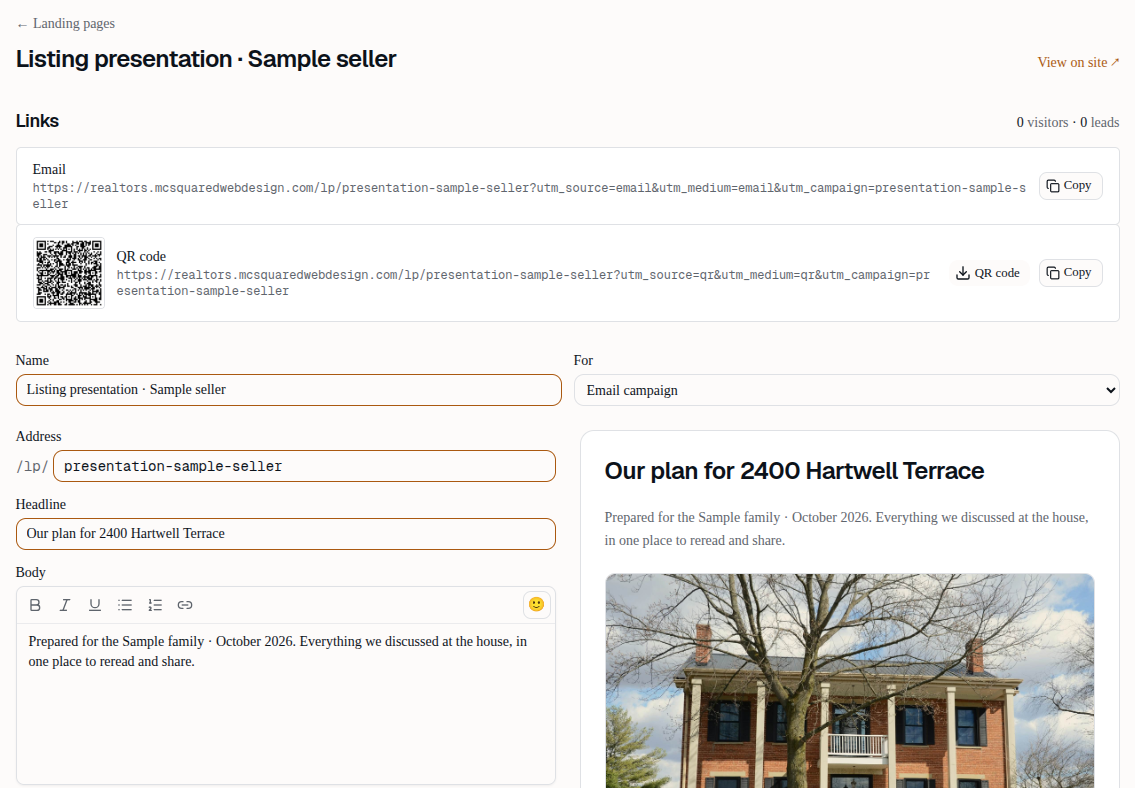 Editing the sample listing presentation in the CRM, with a live preview