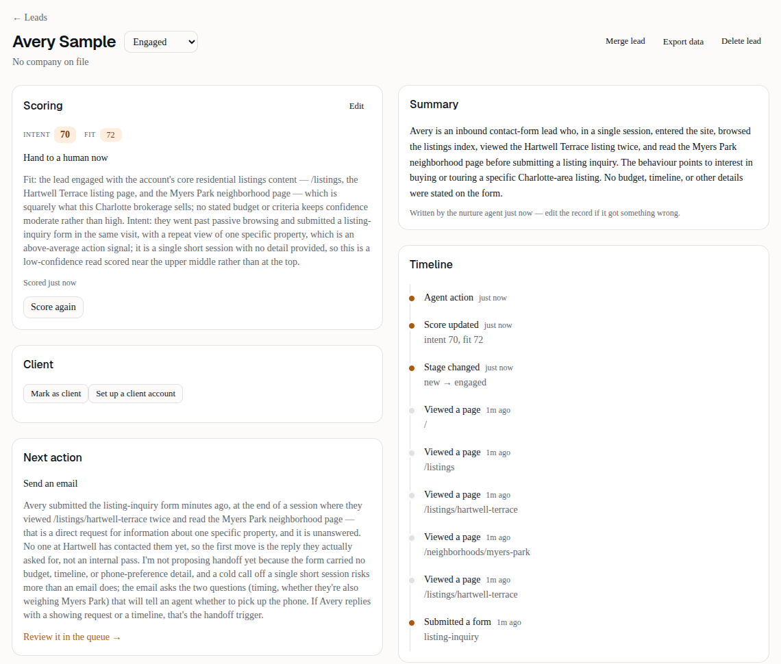 A lead in the CRM: scores, summary, suggested next action and page-by-page timeline